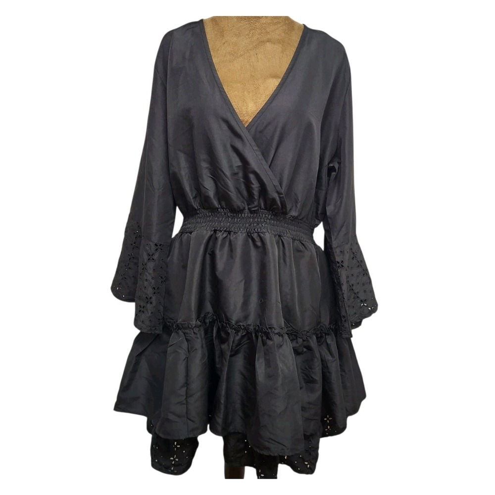 Her Destiny Dress Womens Size L Black Teired Eyelet Flare Sleeve V Neck